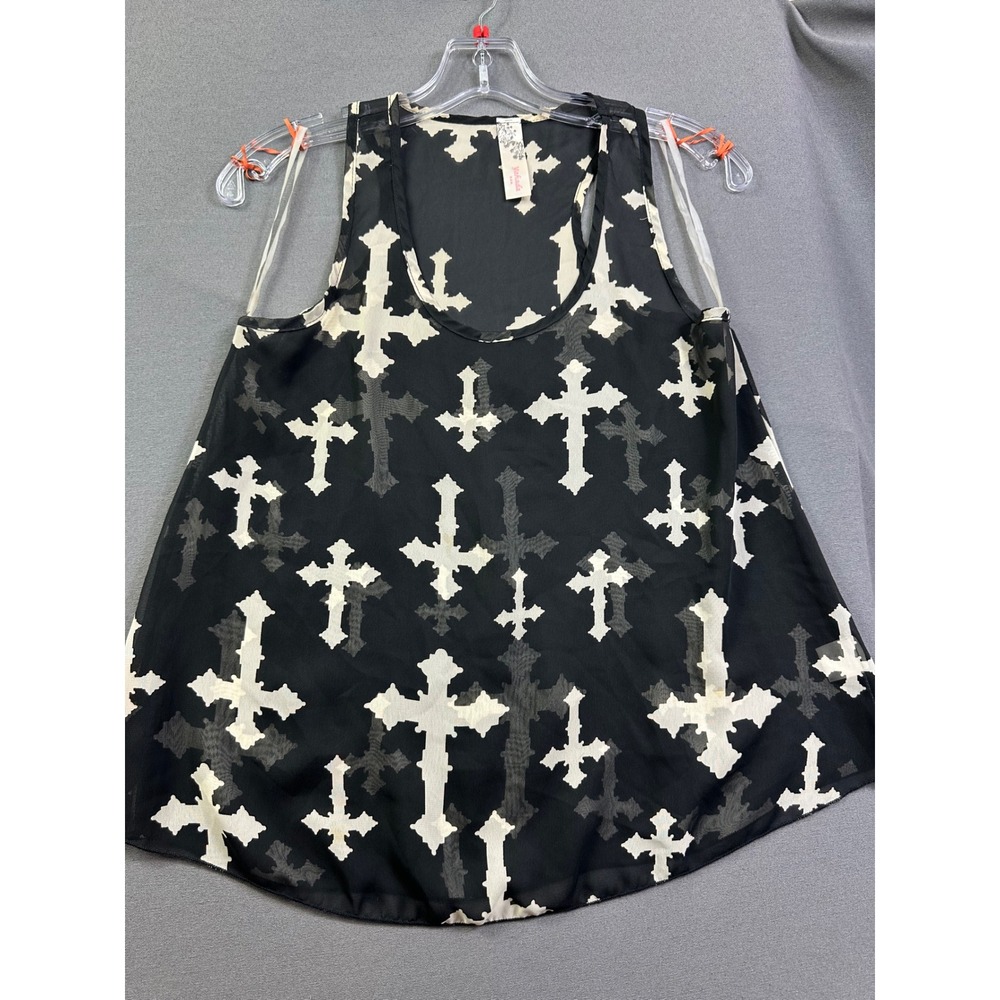 Yahada USA Women Medium Black Sheer Chiffon Gothic Cross Print Tank Top AT1000